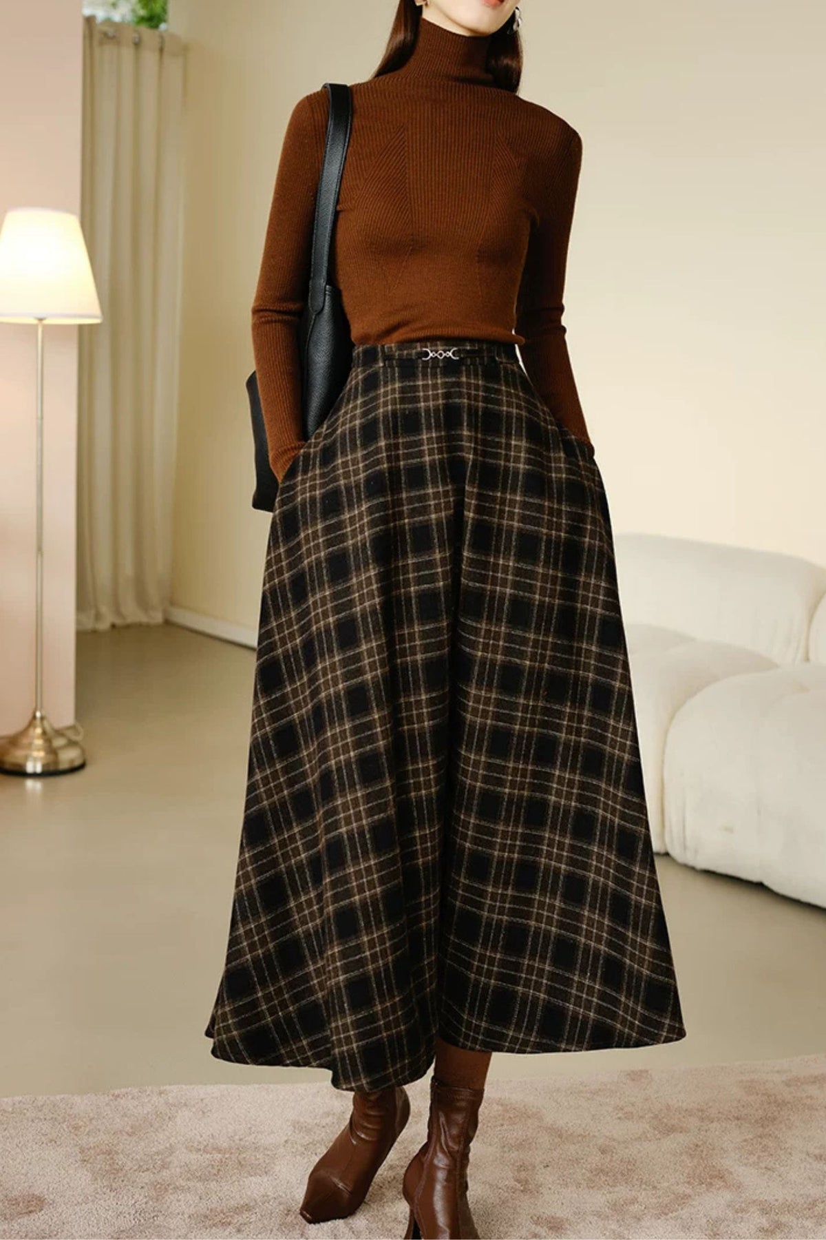 Brown Plaid Wool Blend Midi Skirt - Vintage A-Line women Skirt Winter 7020