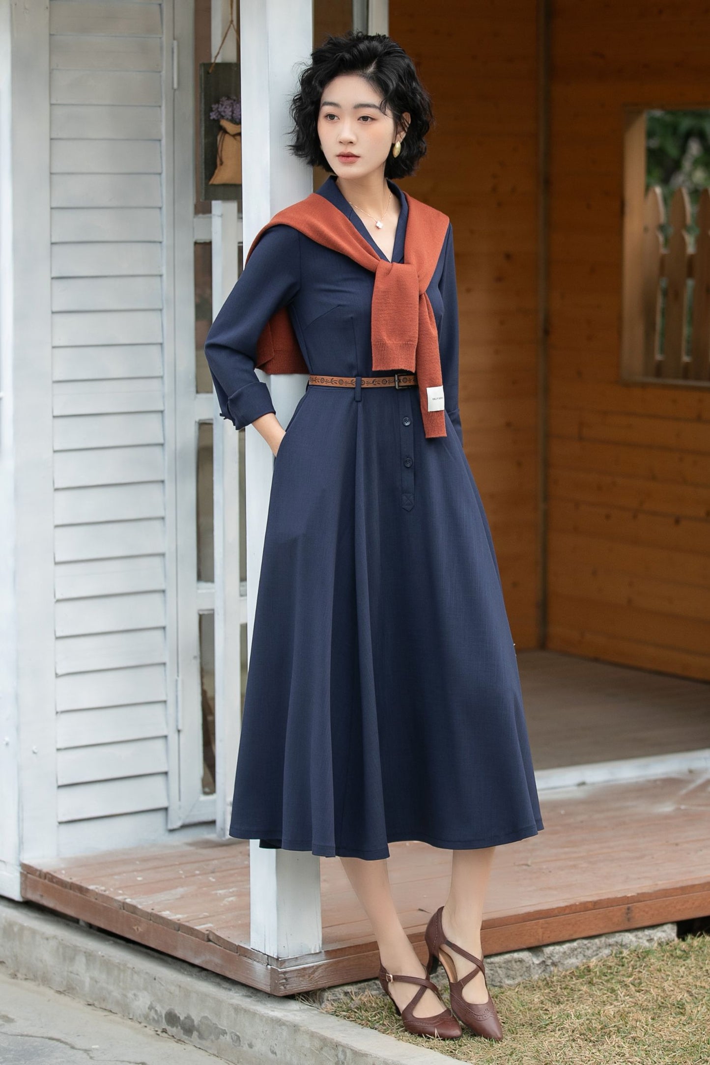 Xiaolizi Navy Linen Shirt Dress – Vintage A-Line Midi 6694-Size XS #CK2600163