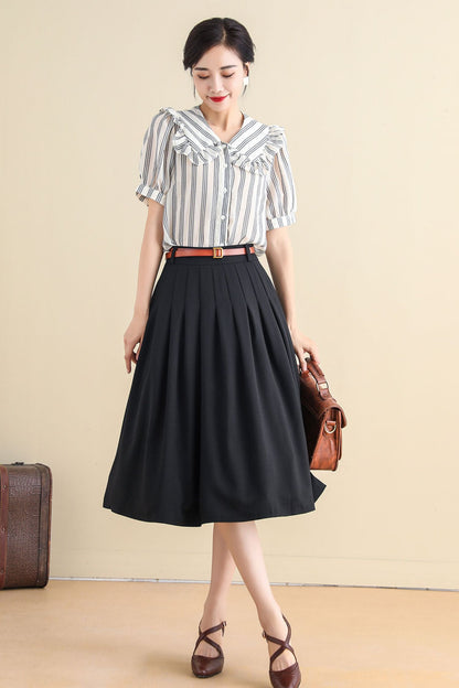 Black Linen Cotton Midi Circle Skirt - Pleated A-Line with Pockets 2785