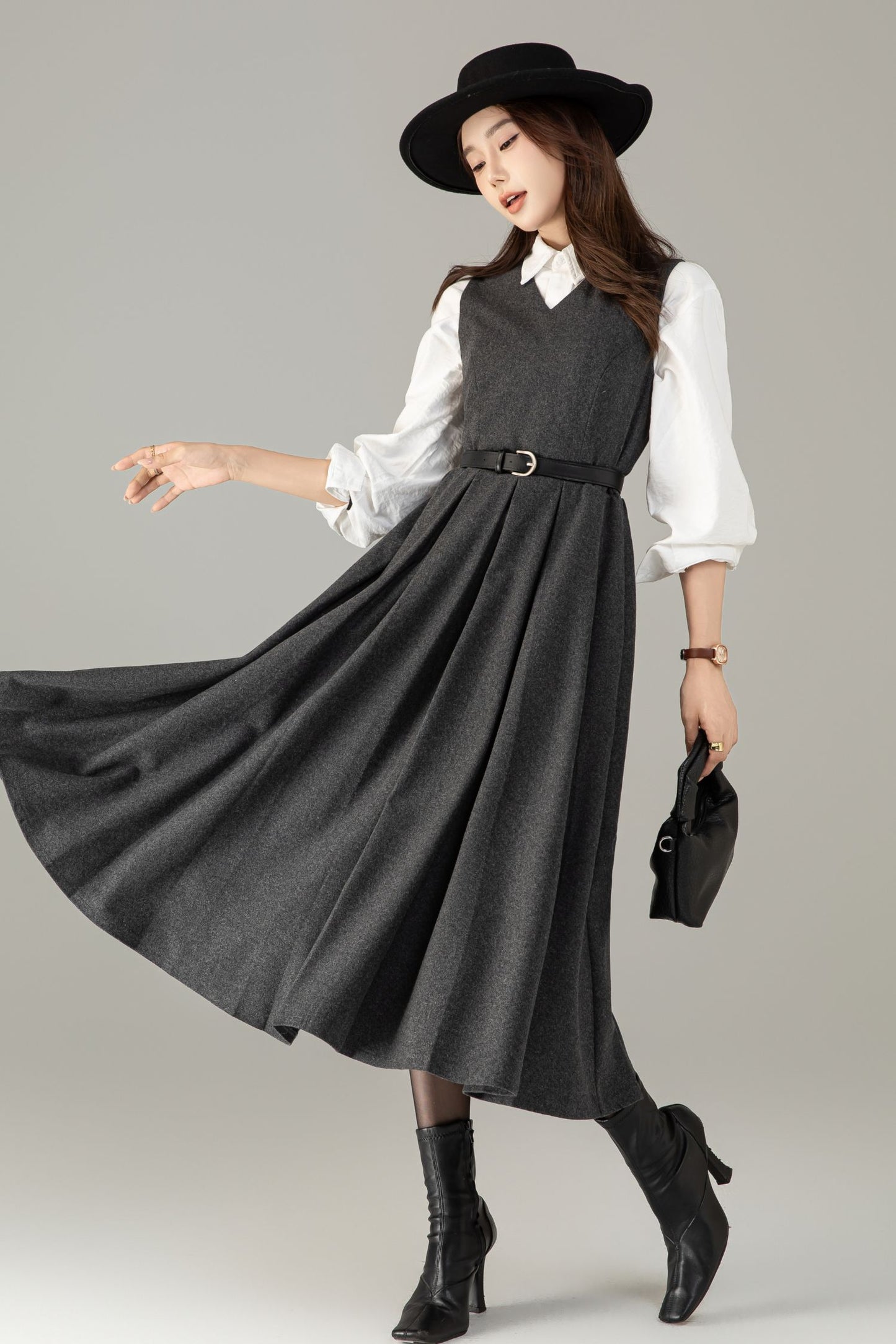 Handmade Wool Blend A-Line Midi Dress – Vintage Winter Swing Style | Xiaolizi 6498