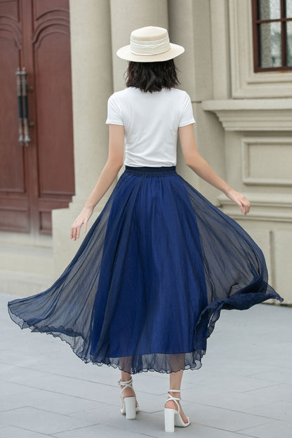 Blue Chiffon Midi Skirt - A-Line Swing with Elastic Waistband 5109