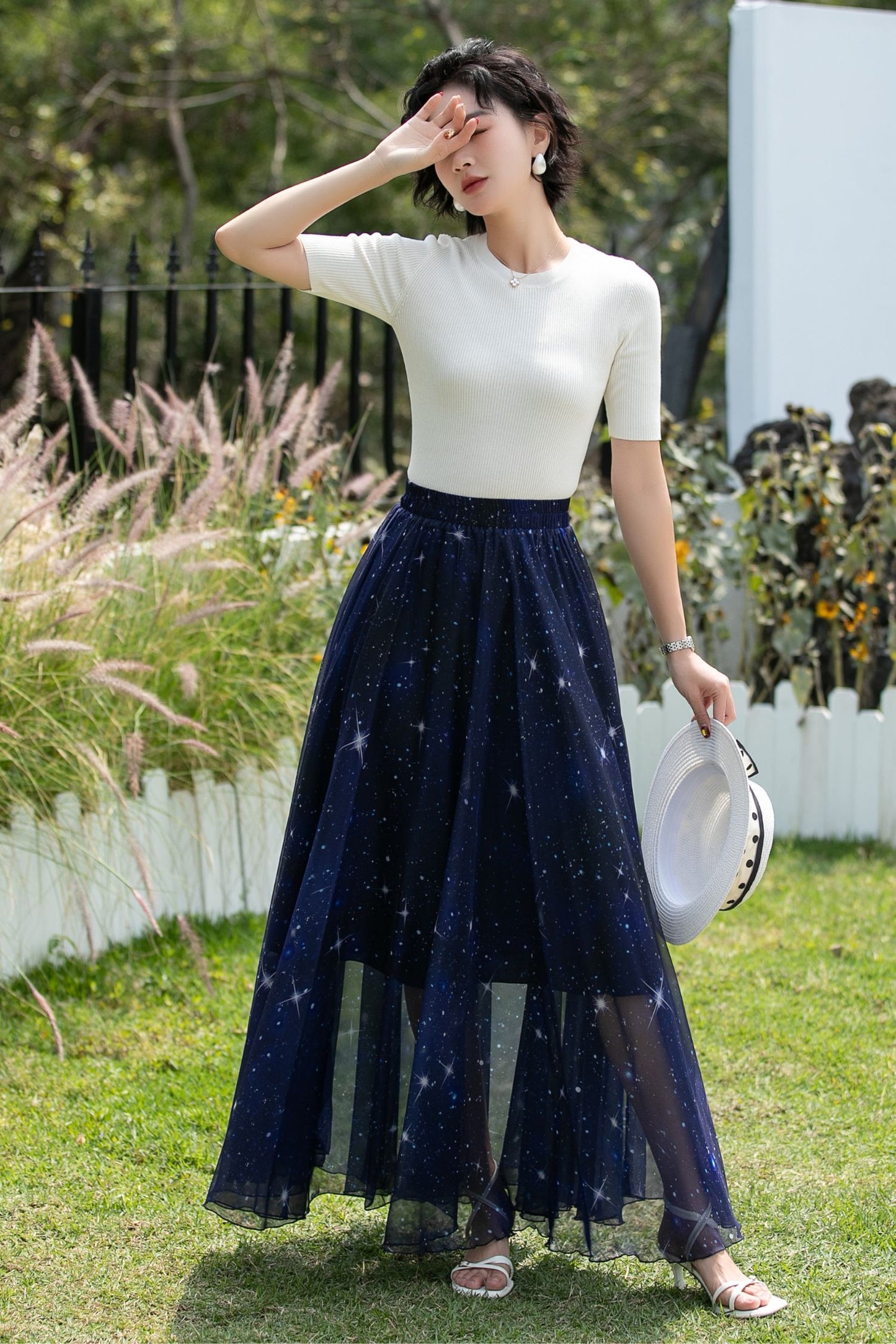 Navy Chiffon Maxi Skirt - Starry Sheer A-Line | Xiaolizi 6744