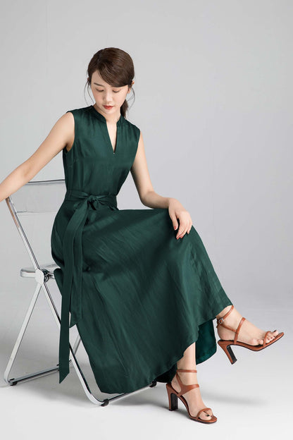 Green Linen Sleeveless Maxi Dress - A-Line with Self-Tie Belt 2333