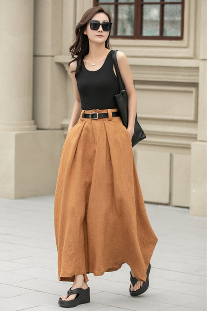 Camel Linen Skirt – Handmade High Waist Long Summer Skirt | Xiaolizi 4941