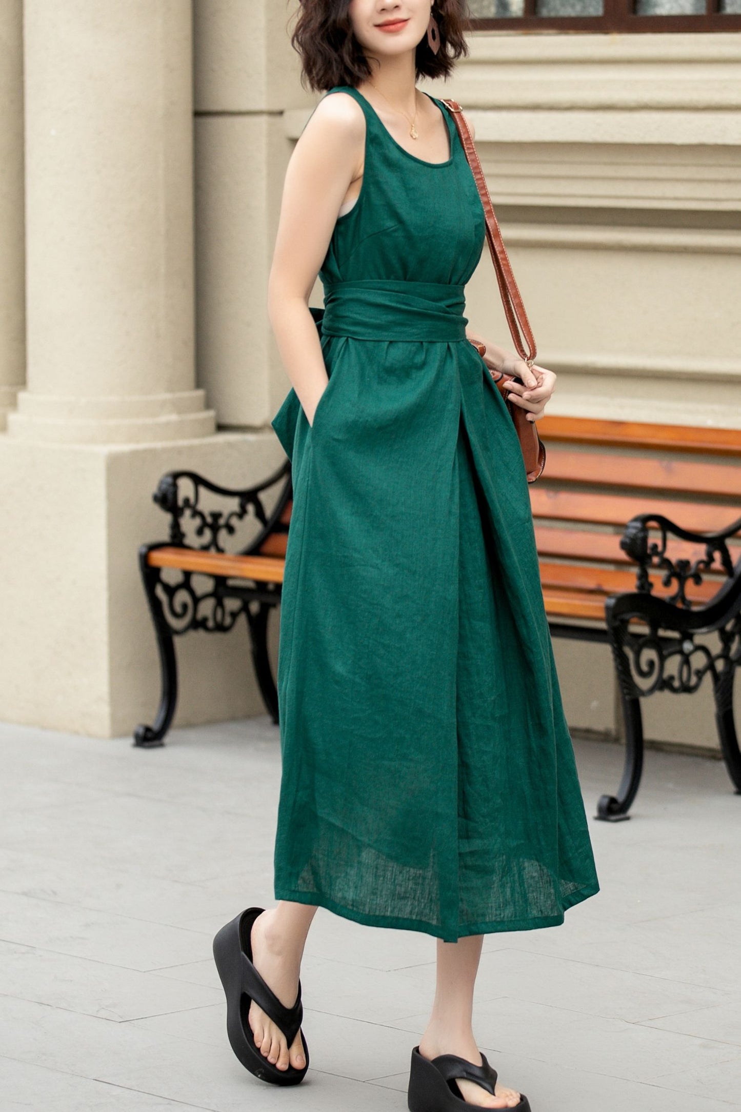 Green Sleeveless summer linen dress 4968