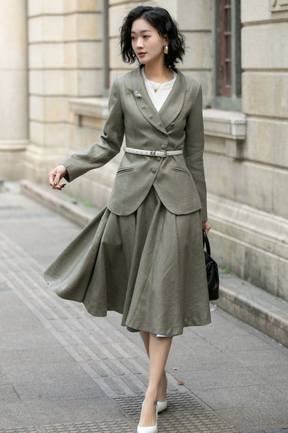 Army green asymmetrical linen jacket 5681