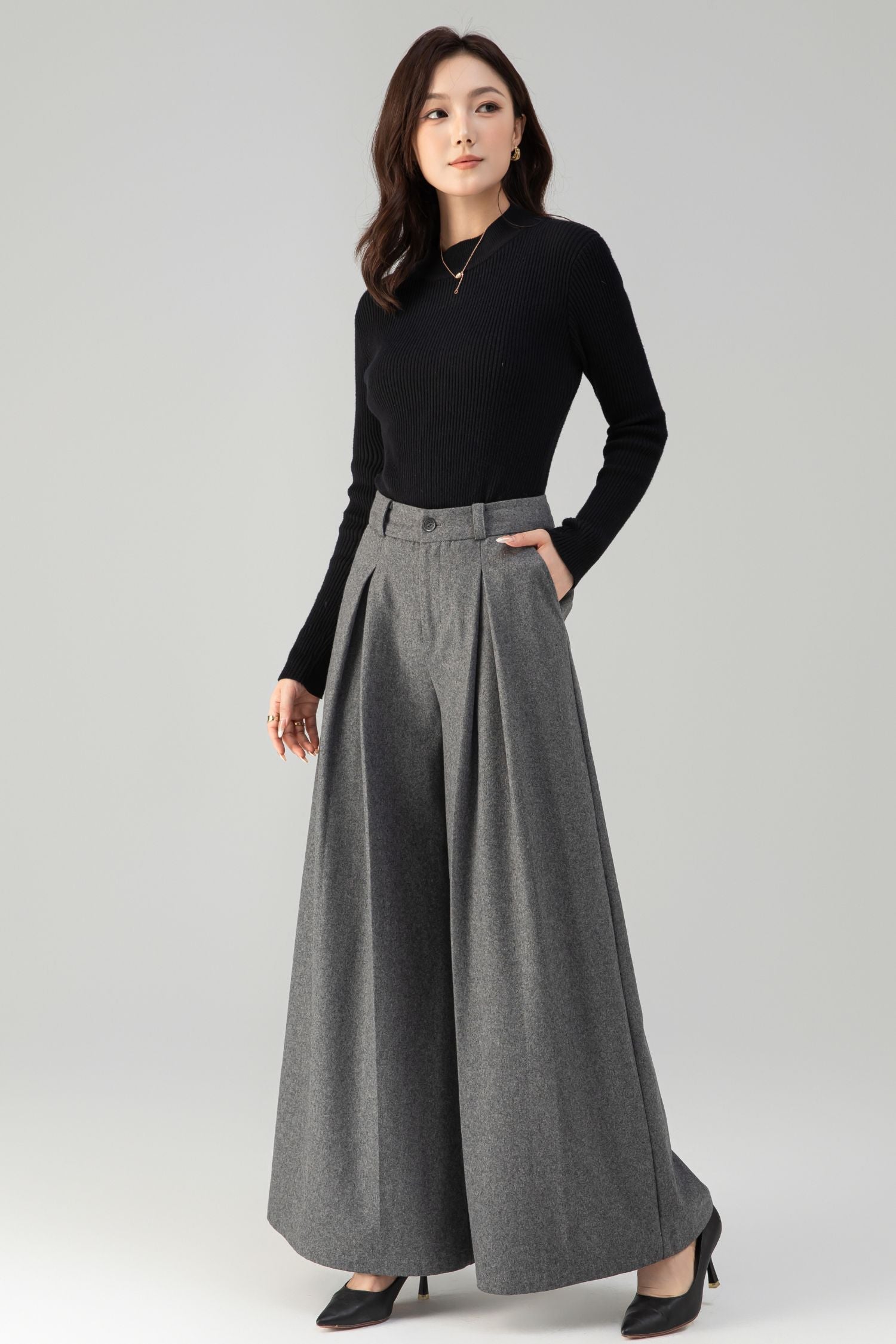 Woman wearing Xiaolizi handmade wool blend wide leg palazzo trousers