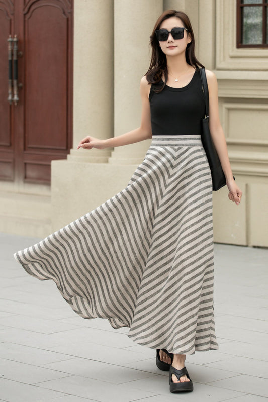 Striped a line midi linen skirt women 4942