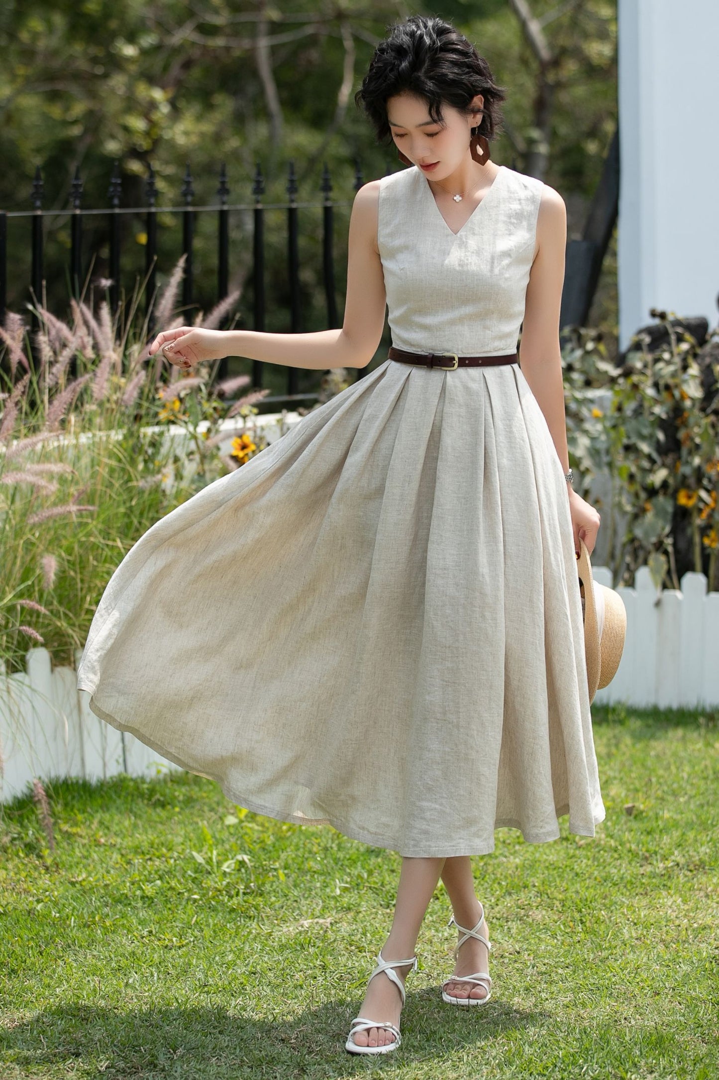 Beige Linen Midi Dress - Sleeveless V-Neck | Xiaolizi 6746 - Size XS #CK2600255