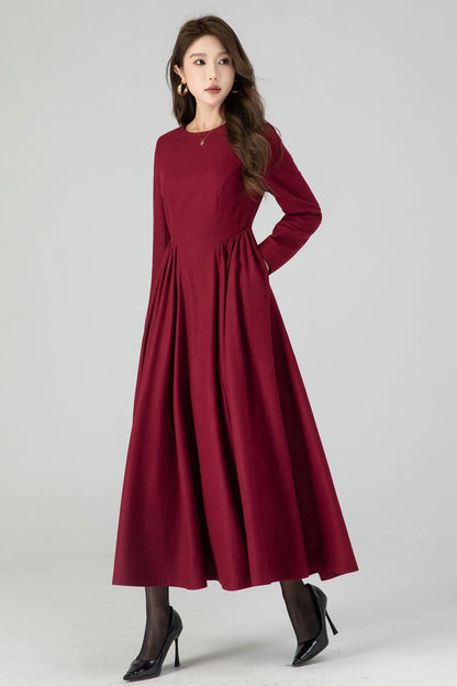 Burgundy Wool Maxi Dress - Fit and Flare Silhouette with Pleated Waist 4545