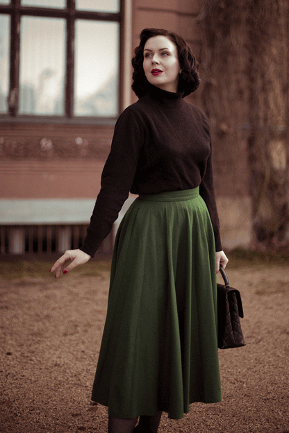 Green Wool Midi Skirt - High Waist, Flowing Silhouette 4738