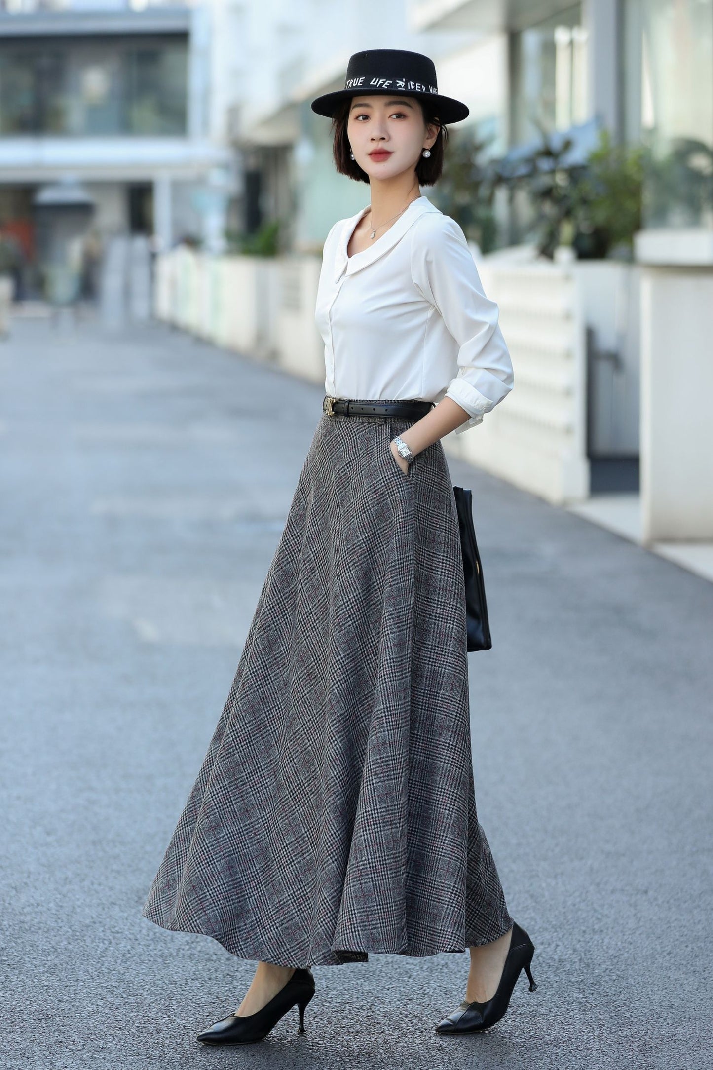 Gray Plaid Wool Maxi Skirt – Vintage High Waist Winter Skirt with Pockets 3106