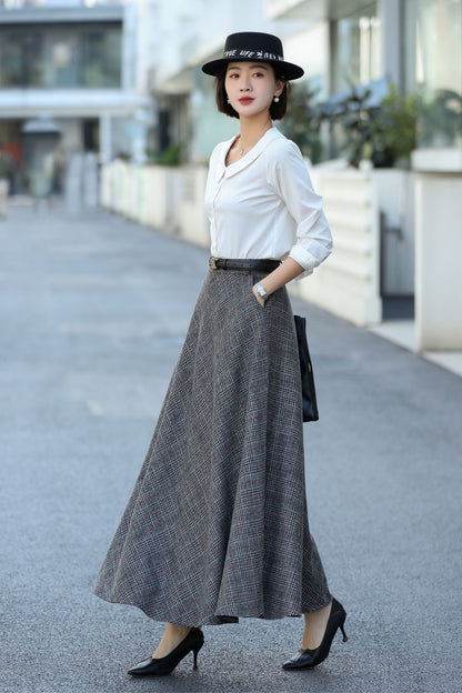 Gray Plaid Wool Maxi Skirt – Vintage High Waist Winter Skirt with Pockets 3106