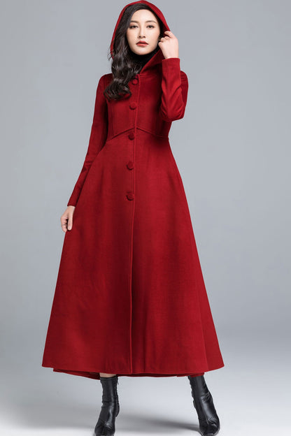 Red Wool Hooded Coat – Vintage Maxi Winter Overcoat for Women 2483