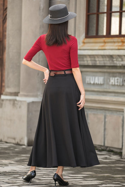 Black A Line Maxi  Linen Skirt with Pockets  2779