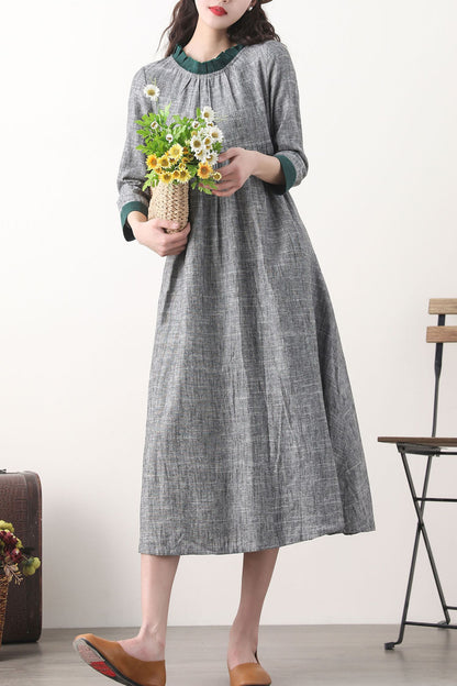 Loose fitting patchwork gray linen dress 2578