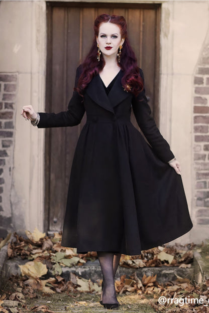 Vintage Black Wool Blend Coat – Elegant Double-Breasted Fit & Flare Maxi Coat | Xiaolizi 3394