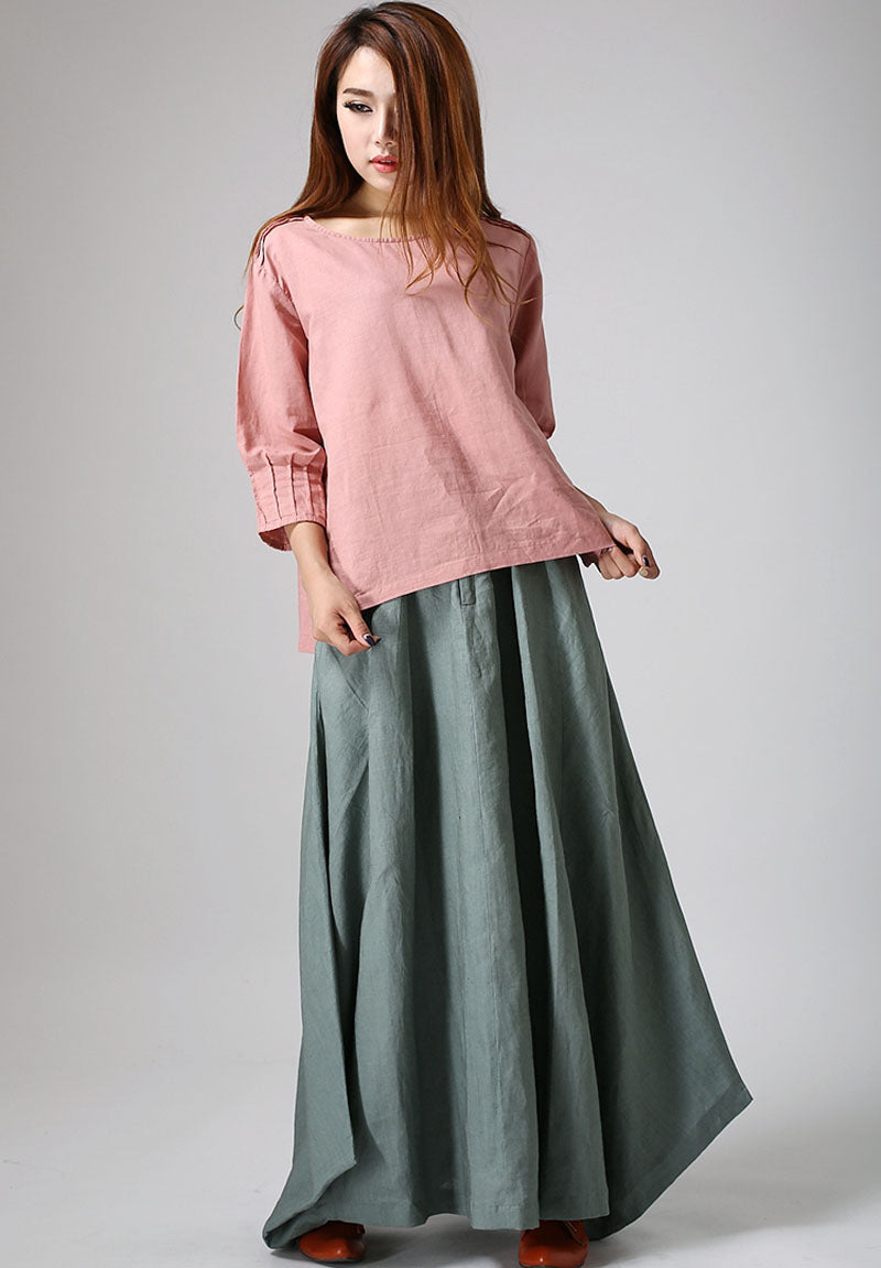 Sage Green Linen Cotton Maxi Skirt – Handmade Flowy Boho Long Skirt | Xiaolizi 914