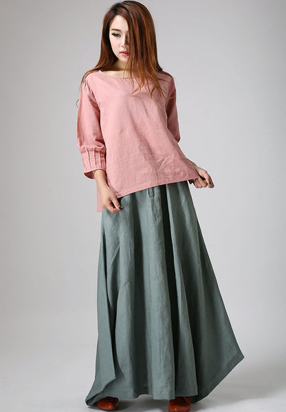 Sage Green Linen Cotton Maxi Skirt – Handmade Flowy Boho Long Skirt | Xiaolizi 914