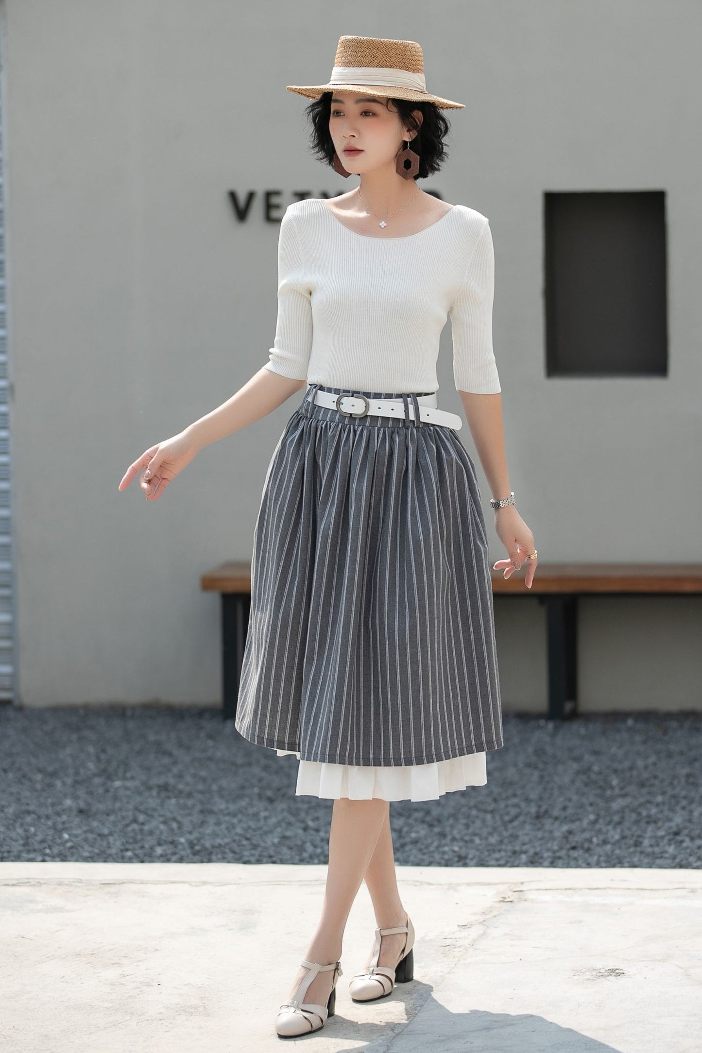 Xiaolizi Striped Linen Midi Skirt – Handmade High Waisted A-Line Summer Skirt 6686