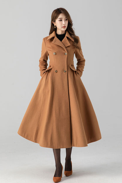 Camel Wool Swing Coat – Vintage Double Breasted Long Winter Overcoat 4668