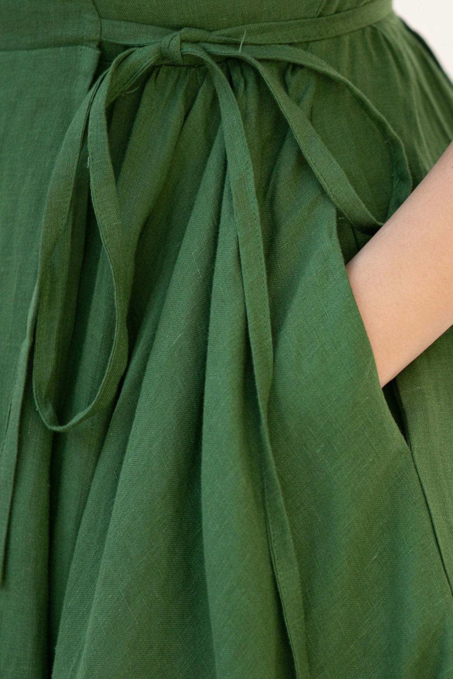 Green V-Neck Swing Midi dress with Waist Tie 5991 - S #CK2500302