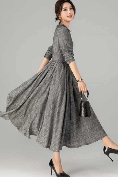 Gray Linen & Cotton A-Line Midi Dress - Button-Up with Waist Belt 5710