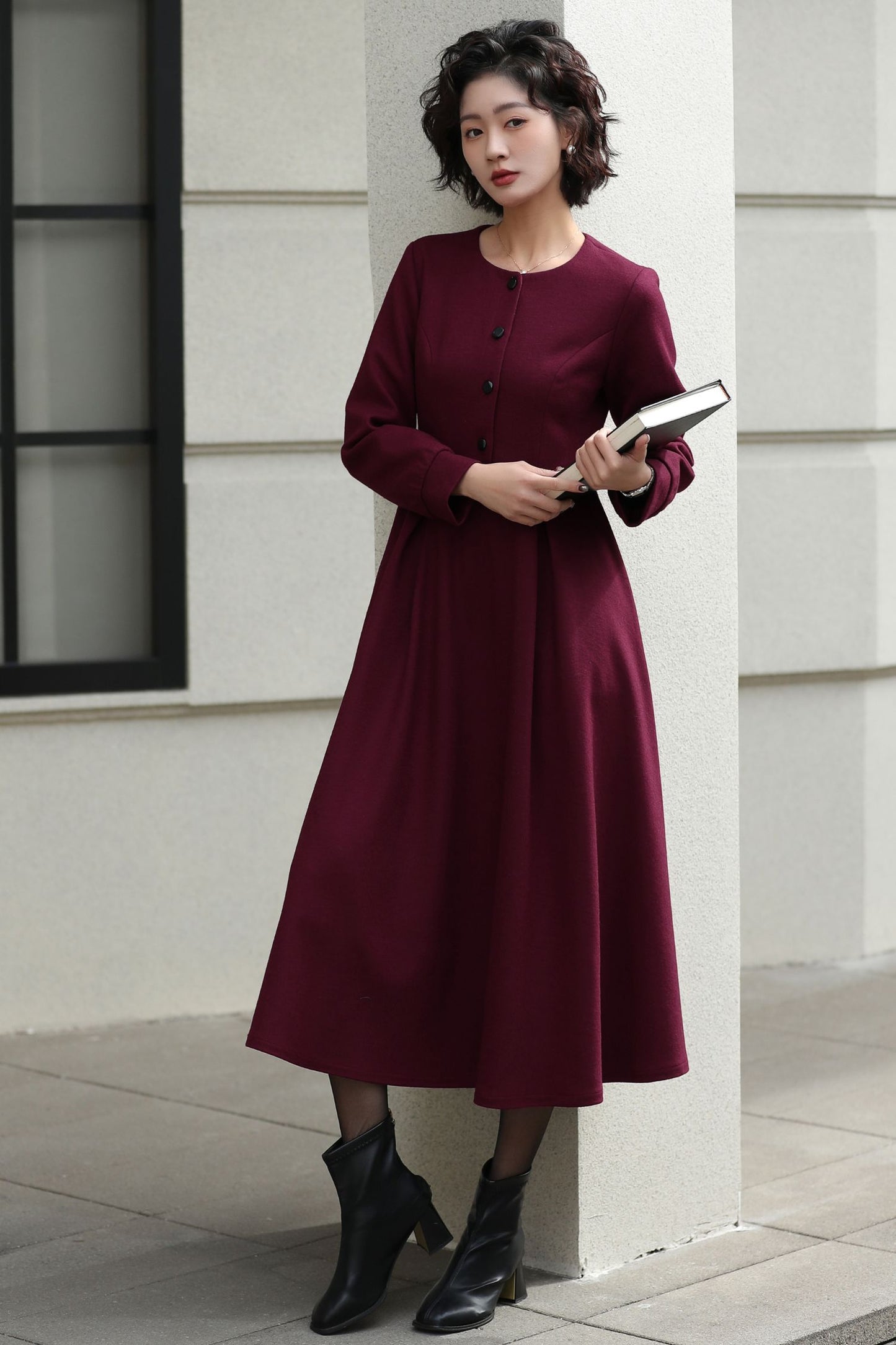 Burgundy Handmade Wool Midi Dress – Vintage Long Sleeve Winter Style 6618