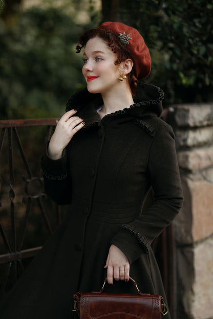 Dark Moss Green Hooded Wool Coat for Women – Fit & Flare Long Winter Jacket 3267