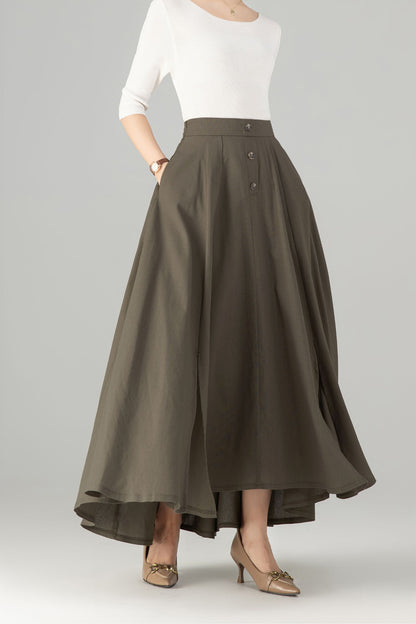 Olive Green Linen Cotton Maxi Skirt - Button-Up A-Line | Xiaolizi 5702