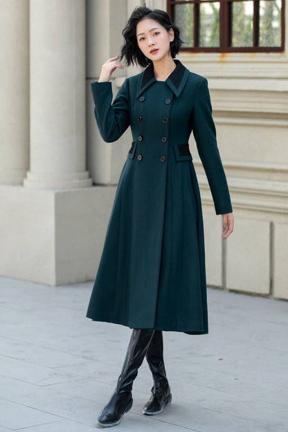 Dark Green Wool Fit and Flare Coat - Double Breasted, Fitted Waist 5462