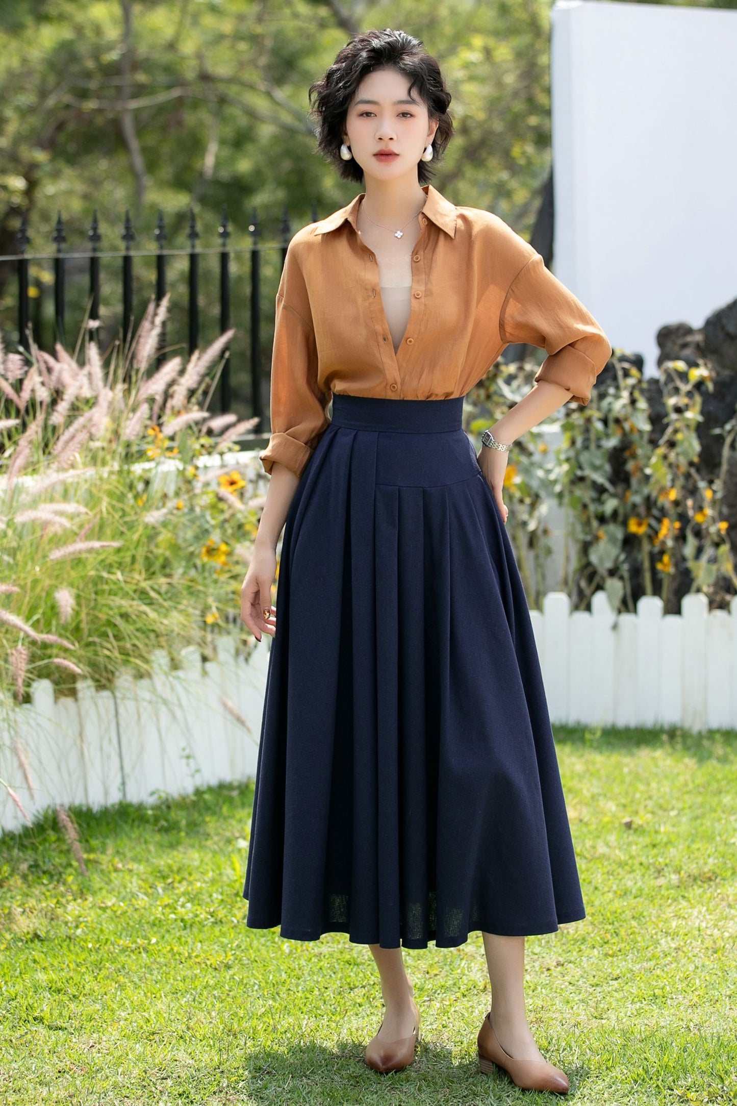 Deep Navy Linen Cotton Midi Skirt High Waist | Xiaolizi 6736- Size XS #CK2600283