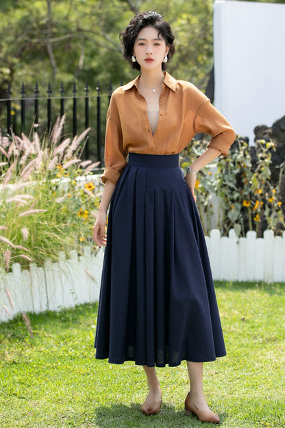 Deep Navy Linen Cotton Midi Skirt High Waist | Xiaolizi 6736- Size XS #CK2600283