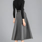 Classic A-Line Skirt in Gray Wool – High-Waist Belted Midi – 6354