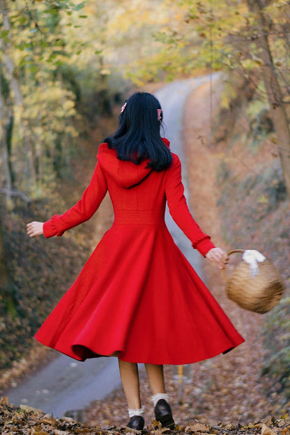 Elegant Red Wool Blend Hooded Winter Coat – Flared Midi Silhouette | Xiaolizi Outerwear 2497