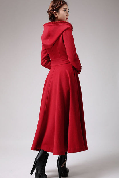 Red Wool Coat Maxi - Hooded Fit & Flare Silhouette 702