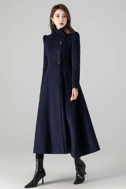 Wool Blend A-Line Coat – Dark Blue Long Coat with Pockets 4506