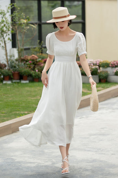 White Linen Midi Dress - Puff Sleeve, Empire Waist Swing 5983