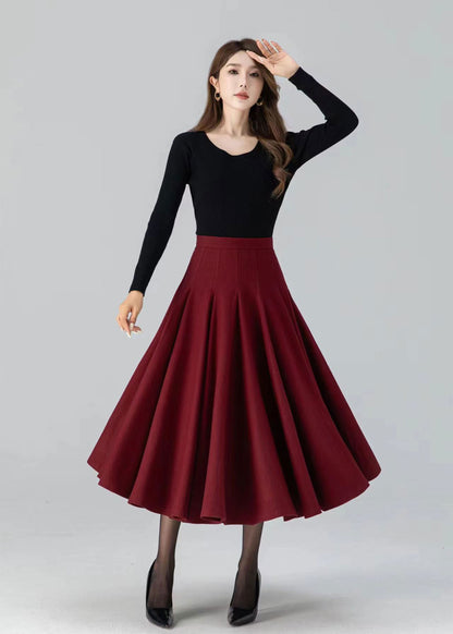 Women's Red Wool Swing Midi Skirt – Warm Winter Pleated High Waist Skirt | Xiaolizi 4782