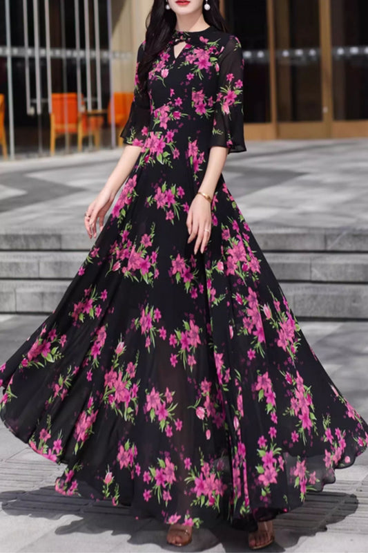 Maxi black floral printed long chiffon dress 5089