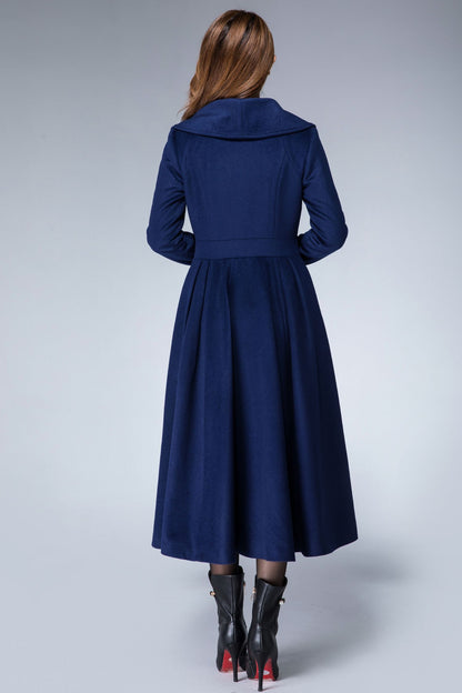 Elegant Navy Wool Blend Coat – Handmade Fit & Flare Princess Midi Coat | Xiaolizi 1866