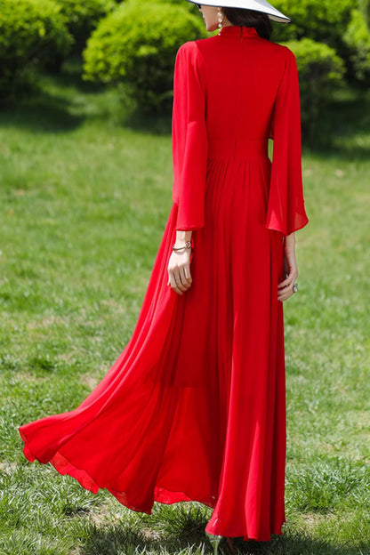 Fuchsia Polyester Maxi Dress - Flowing Swing Sleeve, Fitted Waist c4978