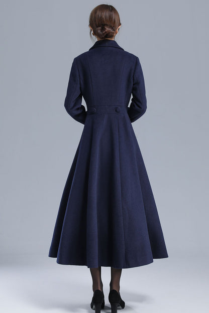 Navy Blue Wool Coat – Elegant Double-Breasted Fit and Flare Long Winter Overcoat 3208