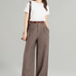 Brown wide leg long linen pants for women 4965