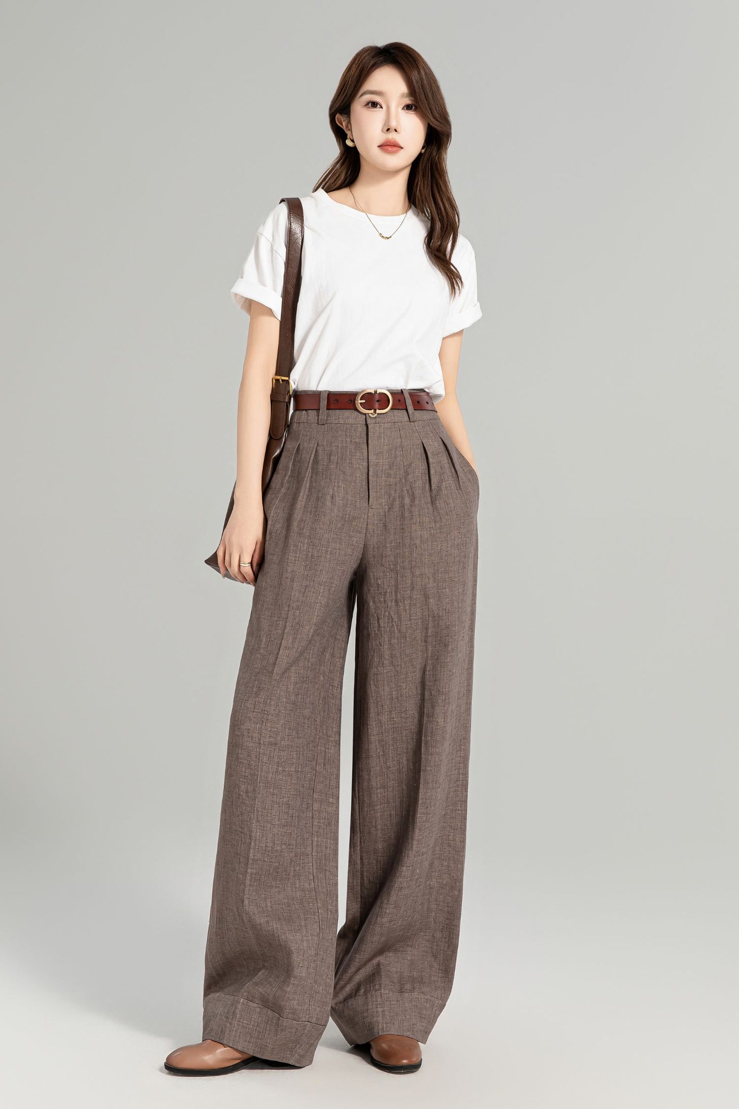 Brown wide leg long linen pants for women 4965