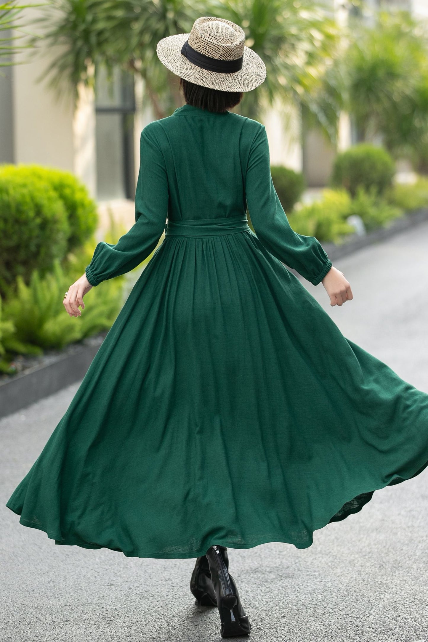 Green Linen Cotton Shirt Dress – Vintage Button-Up Midi Dress 6658