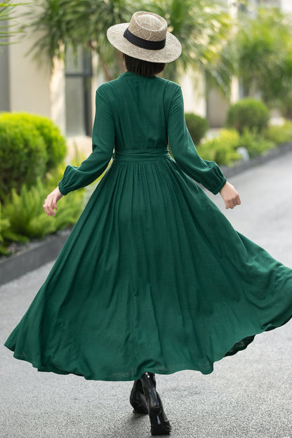 Green Linen Cotton Shirt Dress – Vintage Button-Up Midi Dress 6658