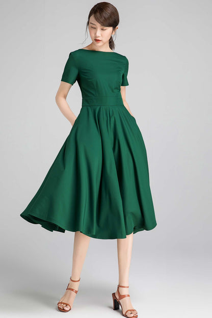 Green Linen Fit and Flare Dress - Pockets and Boat Neck 2337