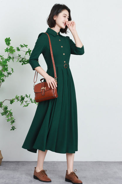 Green Linen A-Line Dress - Button Front, Relaxed Fit 5735