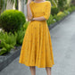 Yellow Linen Cotton Midi Dress – Vintage Fit & Flare with Pockets 6668